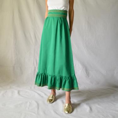70s kelly green ruffle mid length embroidered skirt / boho 