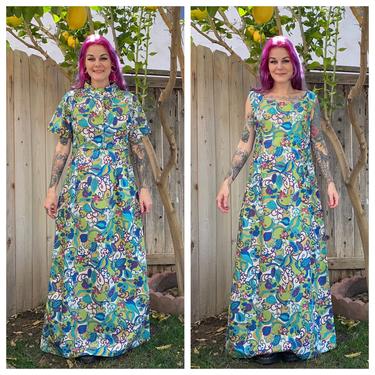 Vintage 1960’s Dress and Shirt Set with Green Floral Swirl Print 
