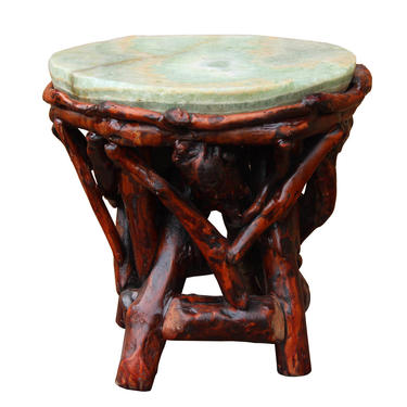 Crystal Jade Stone Top Bamboo Wood Stick Accent Stool Table cs2410E 
