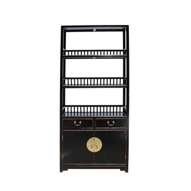 Chinese Distressed Black Lacquer 3 Shelves bookcase Display Cabinet cs5720E 