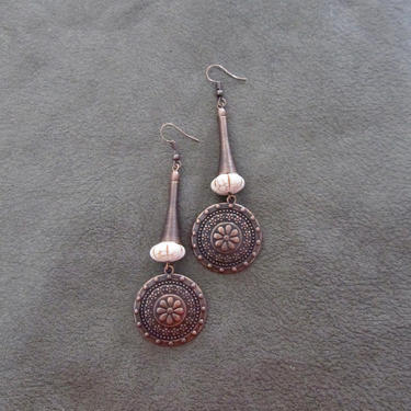 Long copper earrings, unique earrings, bold statement earrings, modern tribal earrings, chic contemporary earrings, exotic medallion earring 