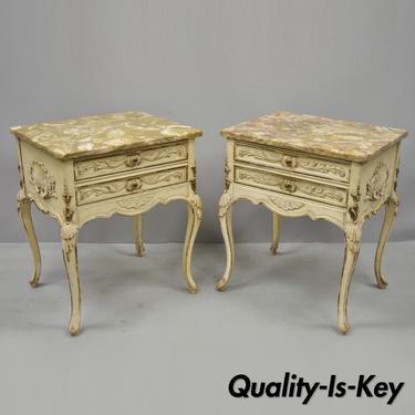 Pair Distress Painted French Louis XV Marble Top Nightstands End Tables by Danby