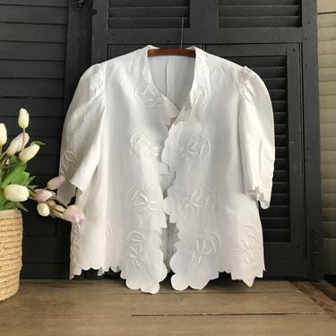 Antique French Linen Jacket, Heirloom Hand Embroidery, Handmade Period Textiles 