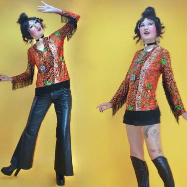Vintage 1960s 60s MOD Massive Fringe Groovy Swirly Paisley Rose print GoGo Tunic Could B Dress/SZ S/ 70s 1970s Psychedelic Hippie Boho Folk 