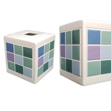 Vintage Pastel Tile Tissue Box Cover / Color Block Tissue Holder / 80s Cubism Tissue Box Cover / Ceramic Tissue Dispenser 