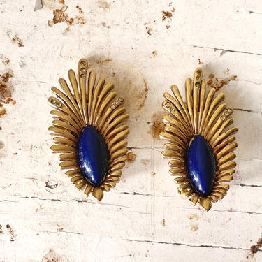 Blue Stone + Gold Clip-on Earrings by Oscar de la Renta Signed- Vintage Costume Jewelry 