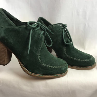 Green Suede high heel shoes~ lace up 1970’s style~ vintage inspired Women’s shoes ~ size 10 