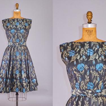 60s Party Dress Metallic Teal Floral Dress Pleated Skirt and Belt 