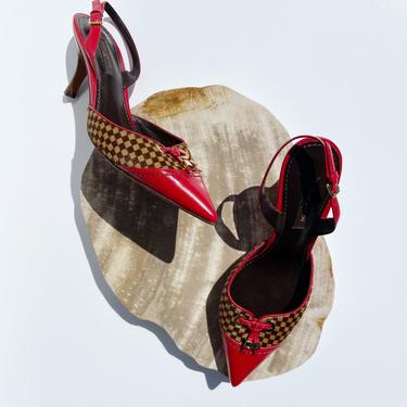 LOUIS VUITTON Red and Pony Hair Kitten Heels