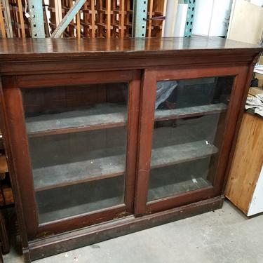 Antique Solid Fir Bookcase with Wavy Glass Sliding Doors. 63W x 52T x 20.5D1