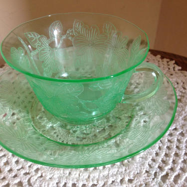 Vintage Vaseline Glass &amp;quot;Dogwood&amp;quot;  Tea Cup and Saucer 1930's Depression Glass Nice Condition 