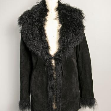 1990s Jacket Suede Shearling Black Fur Coat S 