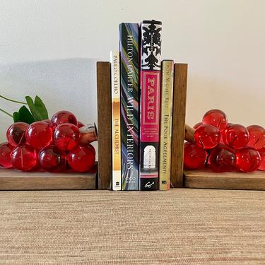 Vintage Bookends - Acrylic Red Grape and Wood Bookends - Mid Century Wood Bookends - Red Lucite Grapes - 