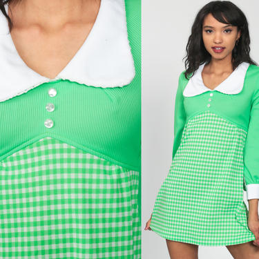 Peter Pan Dress 70s Mod Mini Babydoll Collar Green Plaid Print Checkered Dress Mod Dress 60s High Waisted Long Sleeve Vintage Small 