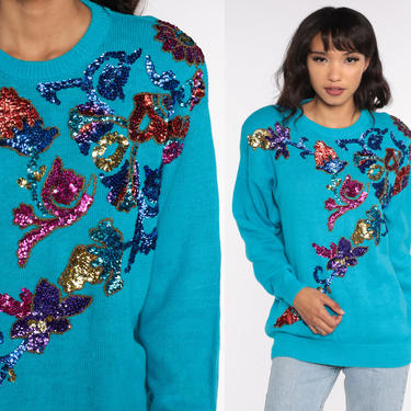 Floral Beaded Sweater Turquoise Sequin Sweater 90s Pullover Sweater 80s Ramie Cotton Blue Knit Retro Vintage Medium 