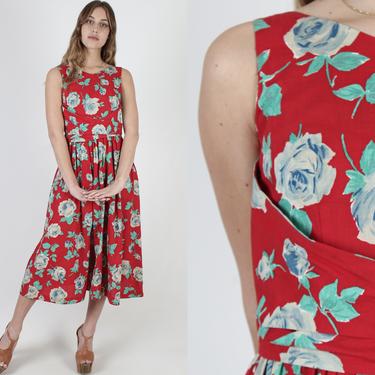 Vintage 80s Lanz Originals Dress / Red Cotton Garden Floral / Tie Belted Wrap Waistline / Summer Pockets Midi Maxi Dress 