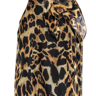 Milly - Tan & Black Leopard Print Sleeveless Silk Blouse w/ Bow Sz 12
