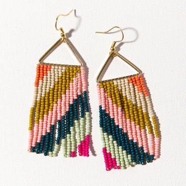 Pink Citron Peacock Diagonal Earrings on Triangles