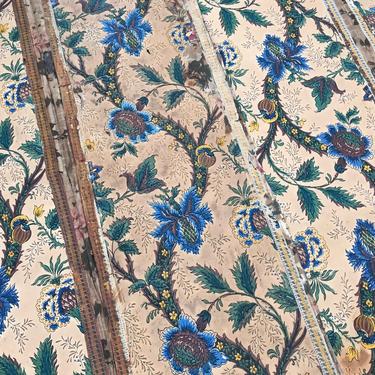1 Antique French Wallpaper Panel, Printed Floral Fabric, Two Sided, French Chateau Decor 