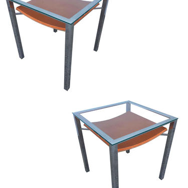 Chrome Tubular Glass Top Side Table with Leather Wrapped Magazine Rack 