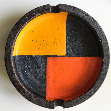 Pristine Aldo Londi Bitossi ceramic bowl centerpiece Mondrian signed 1960s, Italy. Brown, orange yellow Raymor 