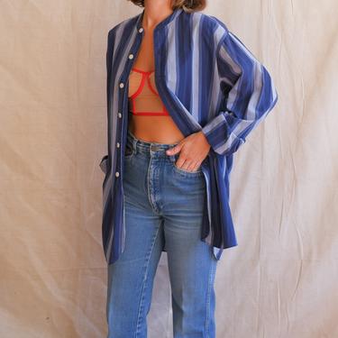 Vintage 90s Armani Striped Band Collar Shirt/Long Blue Tunic Top/ Size Small Medium 