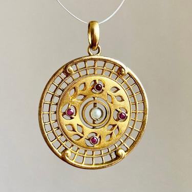 Antique Gold Filled Faux Ruby & Pearl Medallion Pendant Edwardian Art Nouveau 