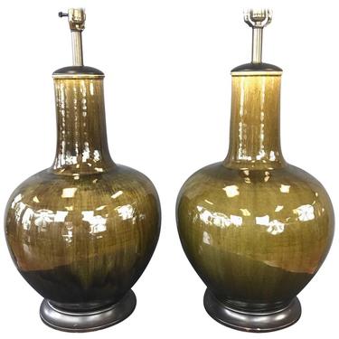 Pair of Thai Celadon Monumental Glazed Ceramic Table Lamps