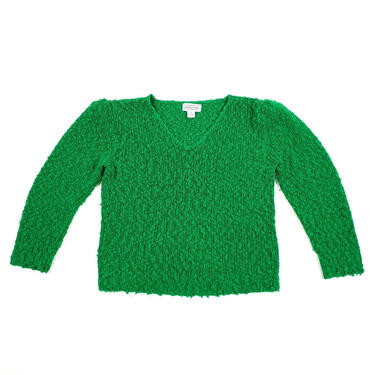 80s Vintage Kelly Green Puff Sleeve Cropped Sweater Womens Large, Loose Knit V Neck Crochet Pullover Preppy Sweater 