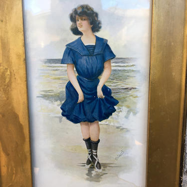 Antique Bathing Beauty Picture And Mirror, Victorian Lady In Blue Swim Suit, Bathing Beauty, Beach House Decor 