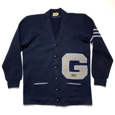 Vintage 1950s DEHEN 100% Wool Knit Varsity Sweater w/ Patch ~ fits S to M ~ Letterman Cardigan ~ Baseball ~ &quot;G&quot; Chenille Patch 
