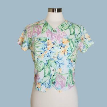 Vintage 90s Cropped Top, Small Petite / Tropical Floral Short Blouse / Retro Button Up Short Sleeve Shirt / 1990s Summer Belly Shirt 
