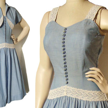 Vintage 50s Dress &amp; Jacket Set Blue Cotton Summer Dress S / M 