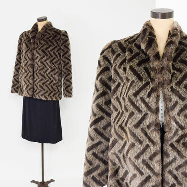 1980s Chevron Faux Fur Coat | 80s Brown Patterned Short Winter Faux Fur Jacket | Medium 