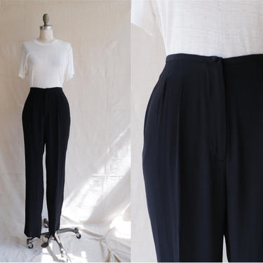 Vintage 90s Black Ralph Lauren Trousers/ 1990s Silk Blend High Waisted Straight Leg Pants/ Size 27 