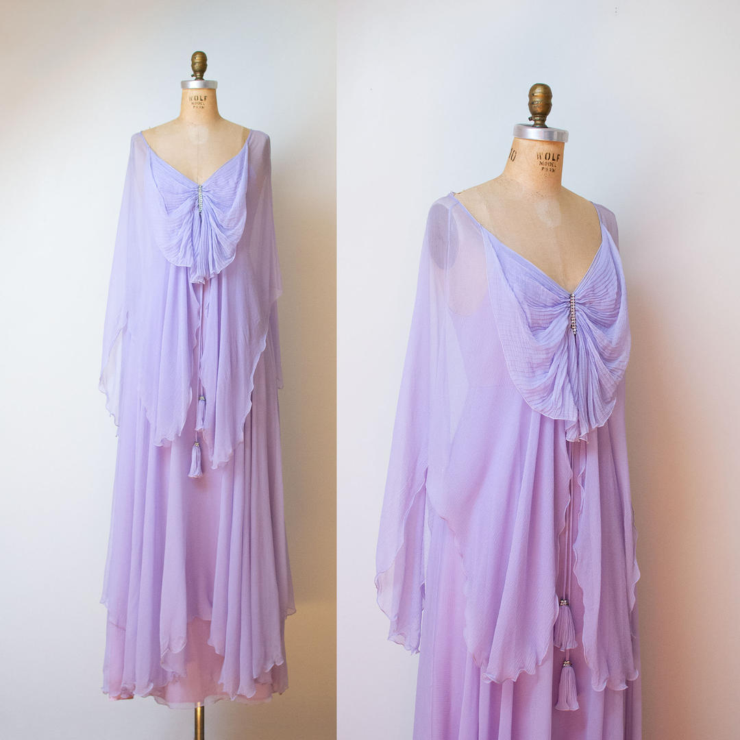 1970s Lavender Chiffon Gown / Diaphanous Silk Dress Asymmetrical ...
