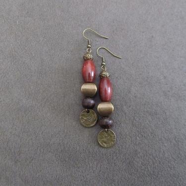 Red wood earrings, etched brass earrings, boho chic earrings, ethnic earrings bold statement earrings, unique exotic earrings, bohemian 