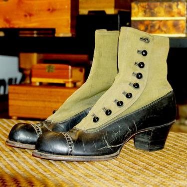 Victorian/Edwardian Women's Black Leather & Fabric Button Up Boots, Two-Tone Heeled Ankle Boots, Trade La France, Size 6-6.5 US 