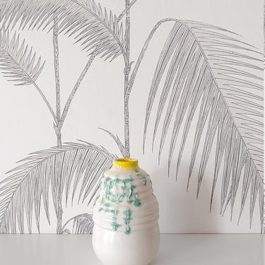 Handmade Vase, White, Aqua &amp; Yellow, New England Pottery, Contemporary 