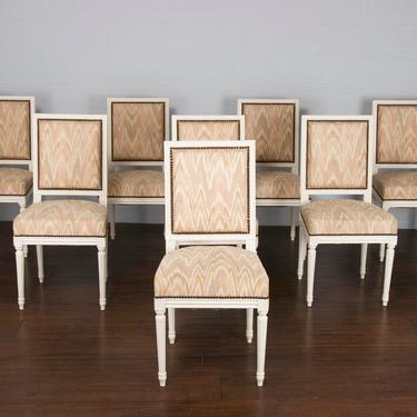Antique Set of 8 French Traditional Louis XVI Provincial Square Back Painted Dining Chairs 