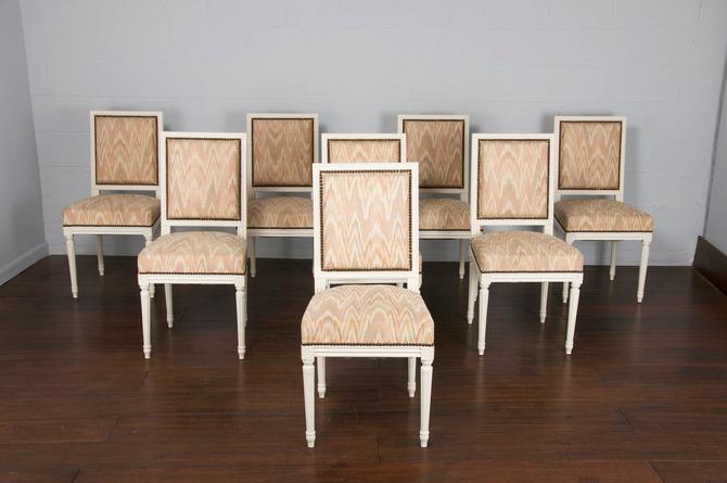 Antique Set of 8 French Traditional Louis XVI Provincial Square Back Painted Dining Chairs 