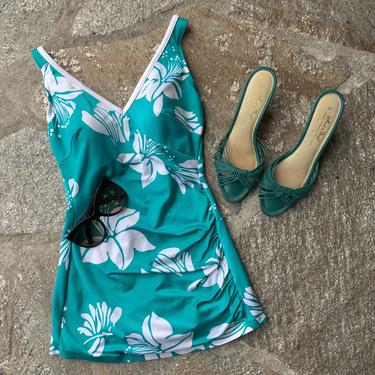 1970s Turquoise and Hibiscus Bullet Bra Swimsuit