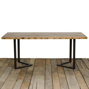 Dining Table with reclaimed wood top and and steel six corner base.  Choose size, height, thickness or finish.  Custom inquiries welcome. 