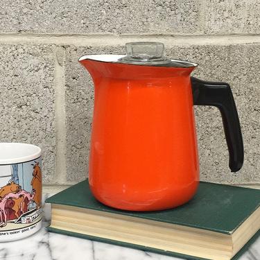 Vintage Percolator Retro 1970s Orange Metal + Coffee or Tea Pot + Enamelware + Stove Top + Five Piece Set + Pitcher + Kitchen Decor 