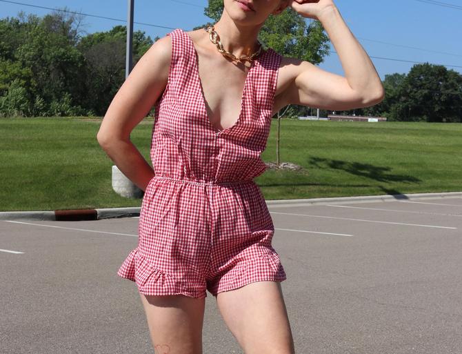 Vintage Gingham Romper / Red Plaid Ruffle Playsuit / Small 