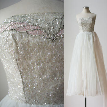 1950s Party Dress / White and Pink Party Dress / Vintage Tulle Party Dress / Sequined 1950s Party Dress / XS 1950s Prom Dress / Vintage Prom 