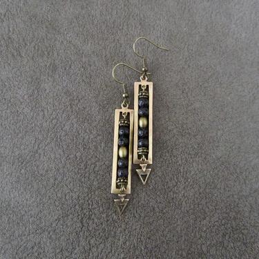 Modern brass earrings, black rock earrings, mid century, Brutalist earrings, minimalist statement earrings, geometric unique chic earrings 