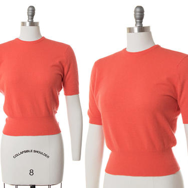 Vintage 1950s Sweater | 50s Coral Cashmere Knit Short Sleeve Pullover Sweater Top (small/medium) 