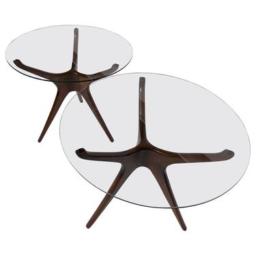 Trisymmetric Walnut and Glass Side or Occasional Tables