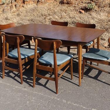 Kent Coffey Dining Table &amp; 6 Chairs Mid Century Modern Set Walnut And Blue Velvet Bent Wood Chair With Leaf 